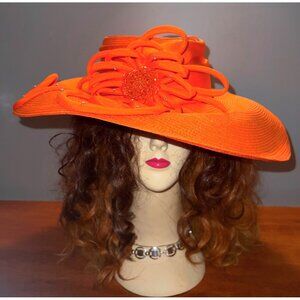 Vintage Wide Brim Hat Durby Orange Rhinestones Beaded Ms. Divine